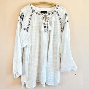 Lane Bryant Sheer Blouse 22/24 White Blue Pink Embroidered design Peasant shirt